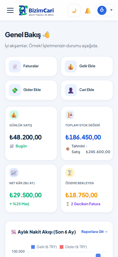 BizimCari mobil web genel bakış ekranı
